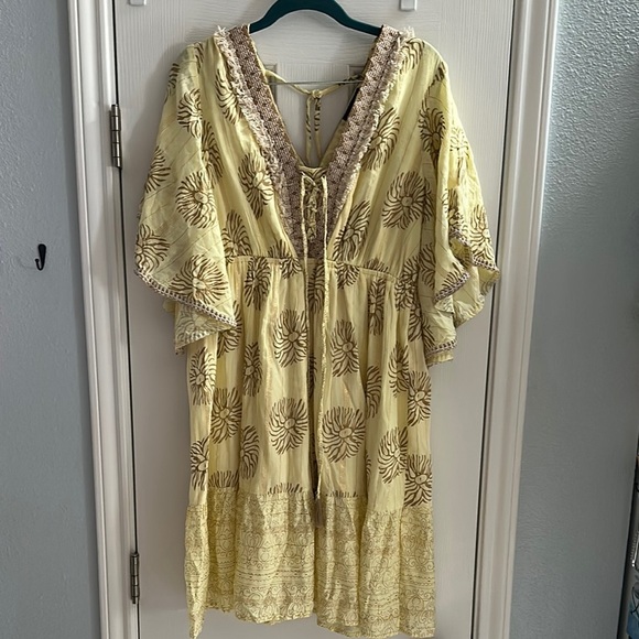 Naoo Nation Yellow V Neck Flutter Sleeve Dress 100% Rayon Lightweight Women’s XL - Picture 1 of 8